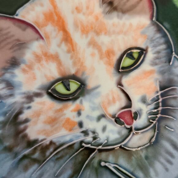 VTG Whimsical Orange Tabby Cat Handmade Ceramic Tile - Unique Cat Wall Art (8x8) - Picture 6 of 9
